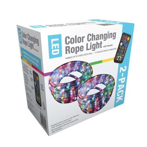 GVL 18-foot Color Changing LED Rope Light with Remote Control, 2-pack